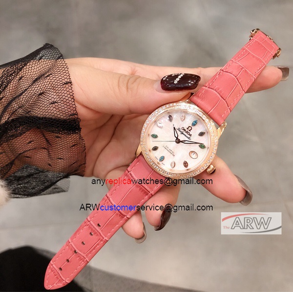Copy Omega Ladymatic Women Watch Pink Leather Strap